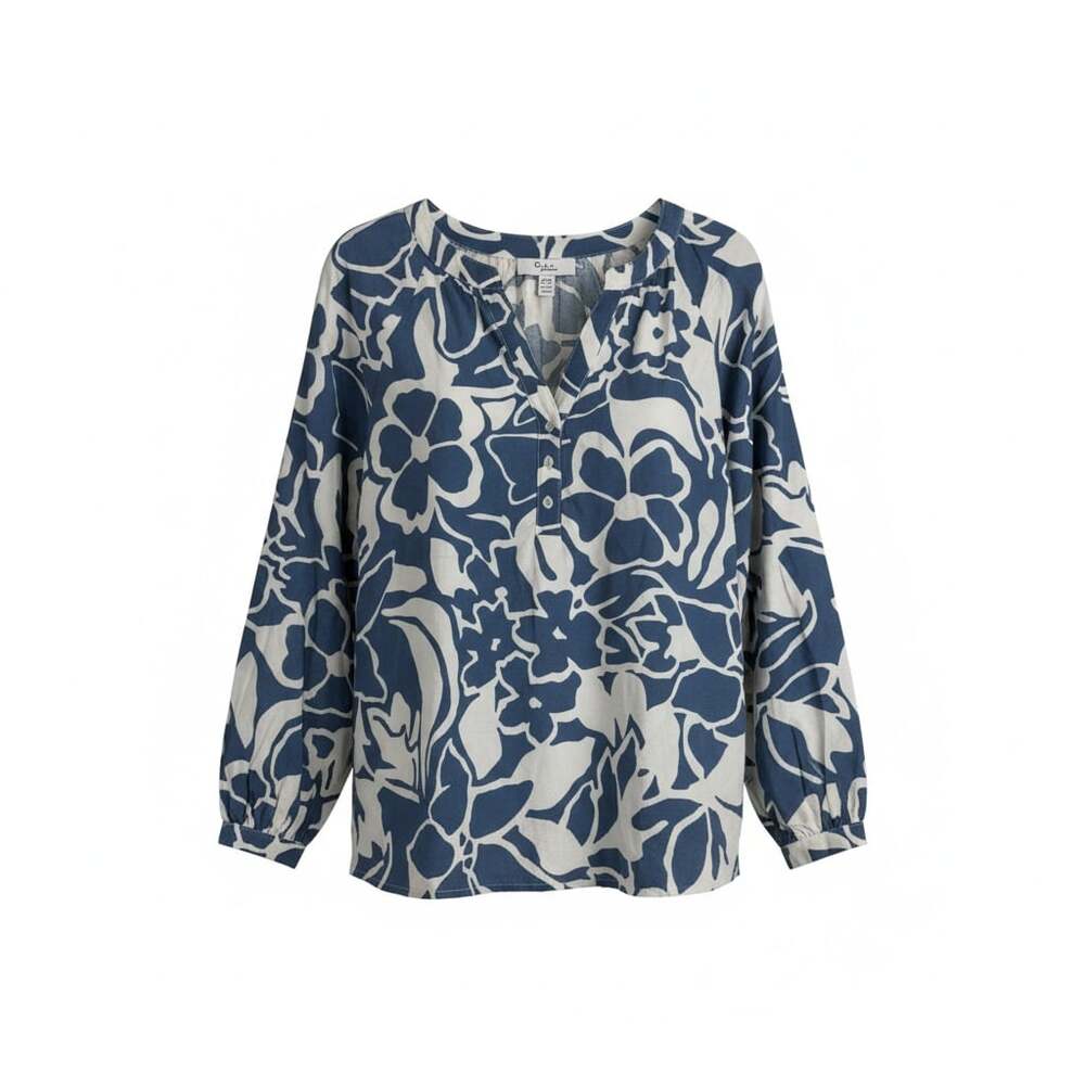 C by one Blue and White Floral Split Neck Rayon Blouse